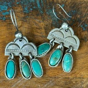 “Rain Dancer” sterling silver/green turquoise dangle earrings. New from Sundance
